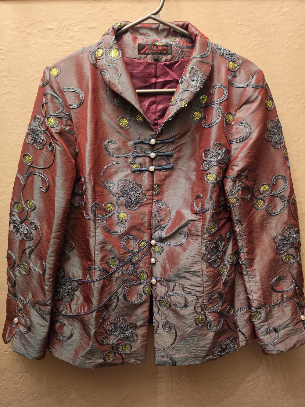 Chinese Brocade Embroidered Frog Closure Jacket Iridescent Beaded L